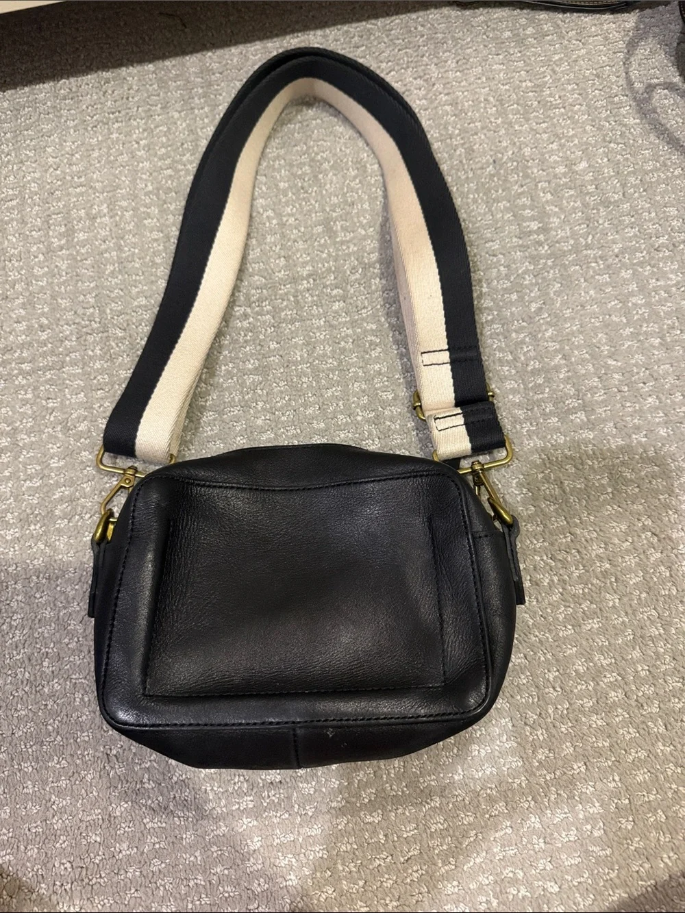 Madewell Black Transport Bag with Black-and-Cream Striped Strap